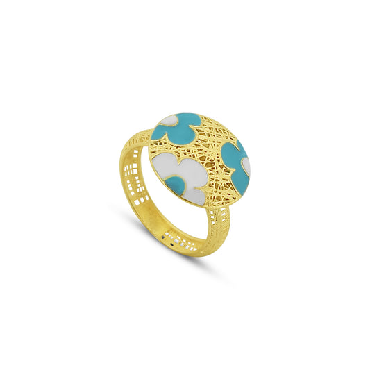 ROMA GEMS Anello in Argento 925 Placcato Oro con Motivo Smaltato Azzurro e Bianco - Collezione RomaGems - Made in Italy Anello in Argento 925 Placcato Oro con Motivo Smaltato Azzurro e Bianco - Collezione RomaGems - Made in Italy
