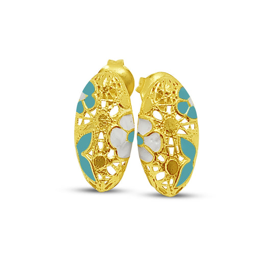 ROMA GEMS Orecchini Ovali in Argento 925 Placcati Oro 18kt con Motivo Floreale Smaltato - Made in Italy Orecchini Ovali in Argento 925 Placcati Oro 18kt con Motivo Floreale Smaltato - Made in Italy